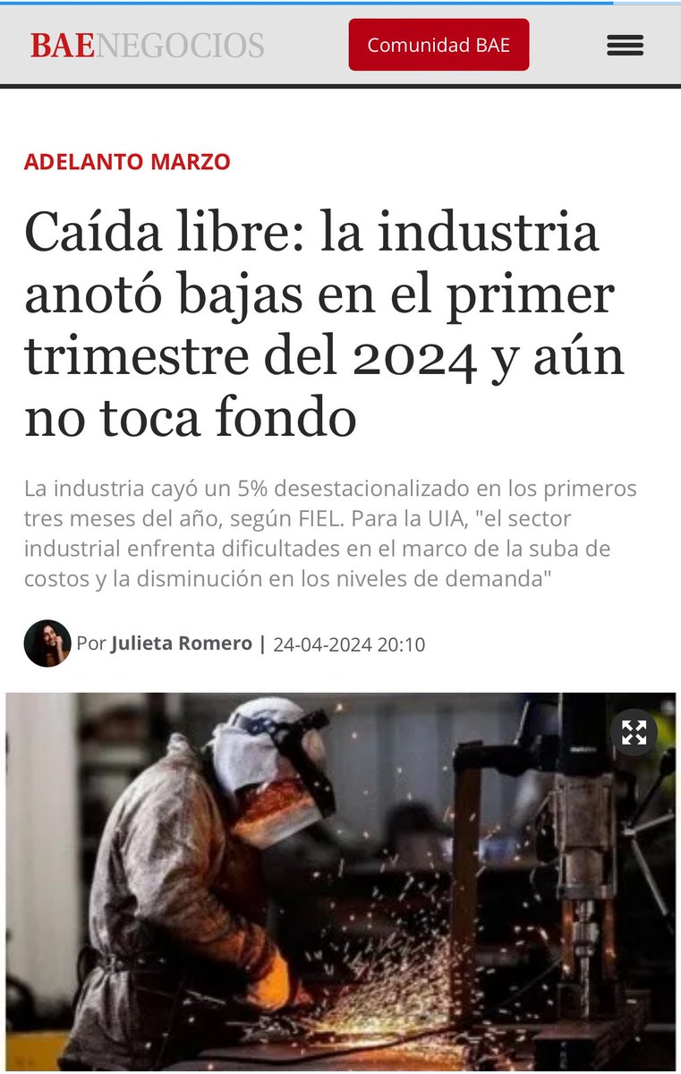 El año pasado, en medio de la mayor sequía de la historia del país, sostuvimos el nivel de actividad industrial 👉 argentina.gob.ar/noticias/en-el… Es este trimestre, la industria ya cayó 5% y todavía no encontró piso 👉 baenegocios.com/economia/Caida…