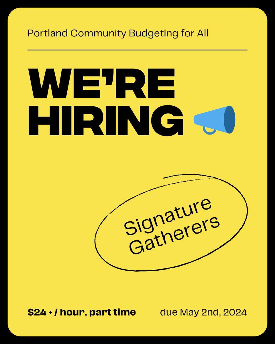 Are you passionate about expanding the voice and vote of residents in Portland? 👀

🔗 Learn and apply more: buff.ly/3UhyU8P

🗣️ We're looking for 10+ signature gatherers to get Portland registered voters to sign the petition to bring participatory budgeting to Portland.