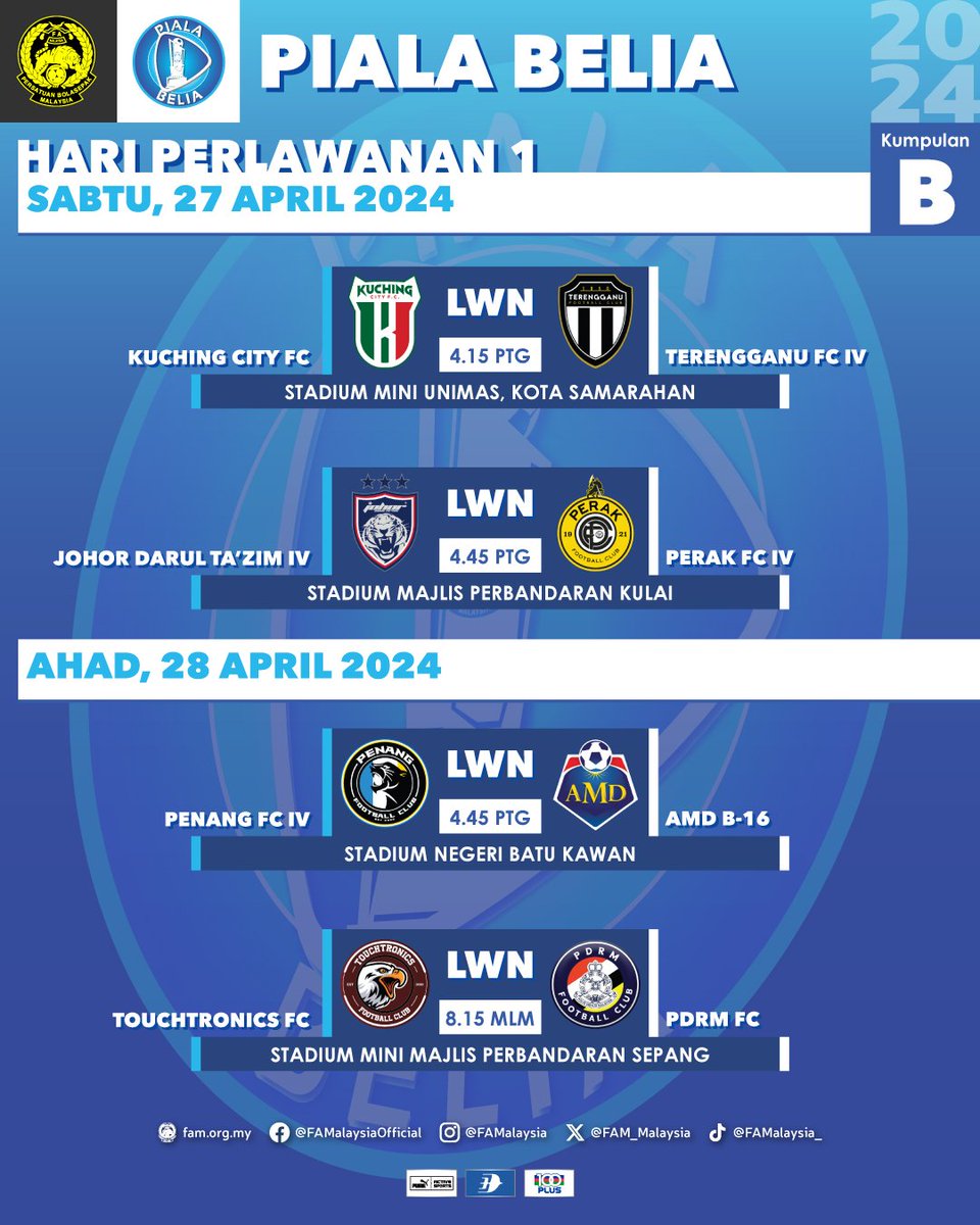 KEMAS KINI: Jadual Piala Belia 2024 Hari Perlawanan 1 | Sabtu, 27 April & Ahad, 28 April 2024 ℹ️ Kuala Lumpur City FC (Kumpulan A) & Kedah Darul Aman FC D (Kumpulan B) tidak beraksi minggu ini #FAM #HarimauMalaya #PialaBelia2024