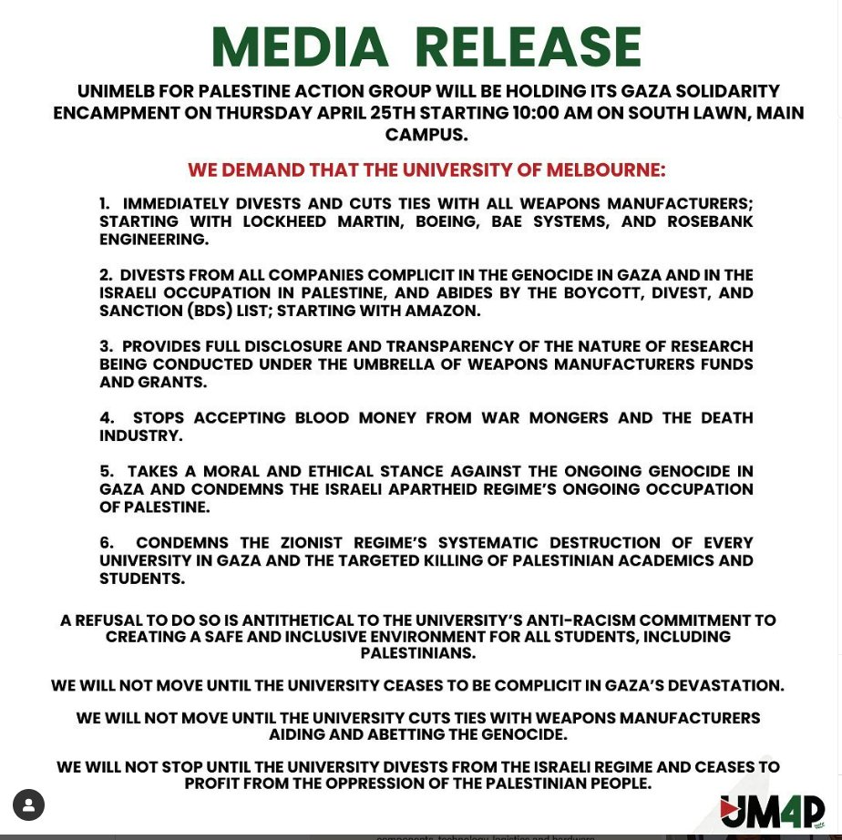 Media release from @Umelb4Palestine explaining why they have set up a Gaza Solidarity encampment today. May the flames of resistance to genocide & fighting for Palestinian liberation spread from campus, schools & to the workplaces!