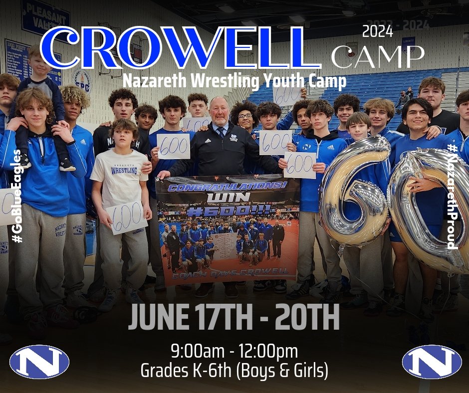💥CROWELL CAMP💥
Registration is now available for the 2024 Nazareth Wrestling Youth Camp!

Camp is open to all youth wrestlers (boys & girls) in grades K-6th. 

Registration Form bit.ly/44maVtO

#GoBlueEagles
#GoLadyBlueEagles
#NazarethProud
🔵🦅🤼‍♀️🤼‍♂️
