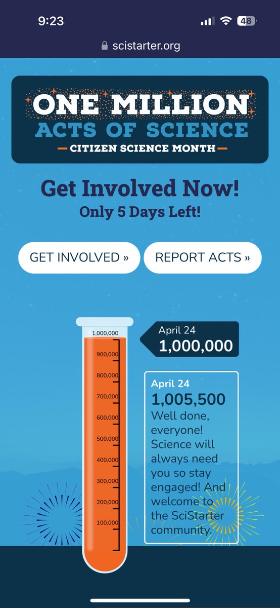 You did it!!!!!! Way to go!!!! #OneMillionActsofScience