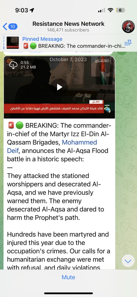 A Telegram channel where the organizers of the NYU encampment give updates encouraged its followers to join the 'Resistance News Network' channel. That account's pinned post is a video of Hamas' military chief announcing the 10/7 attack & calling for people to take up arms.