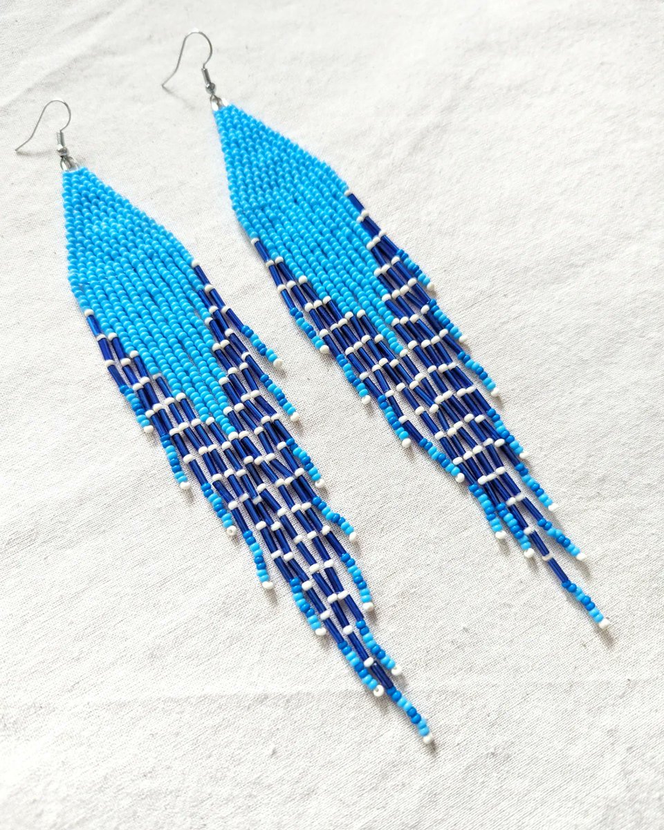 🌱🌊The Water🌊🌱 Bright Blue and navy tones on these shoulder duster length fringe that are Inspired the water and the importance that it holds. They are now available on beadworkbykay.ca or in my Etsy shop at beadworkbykay.etsy.com