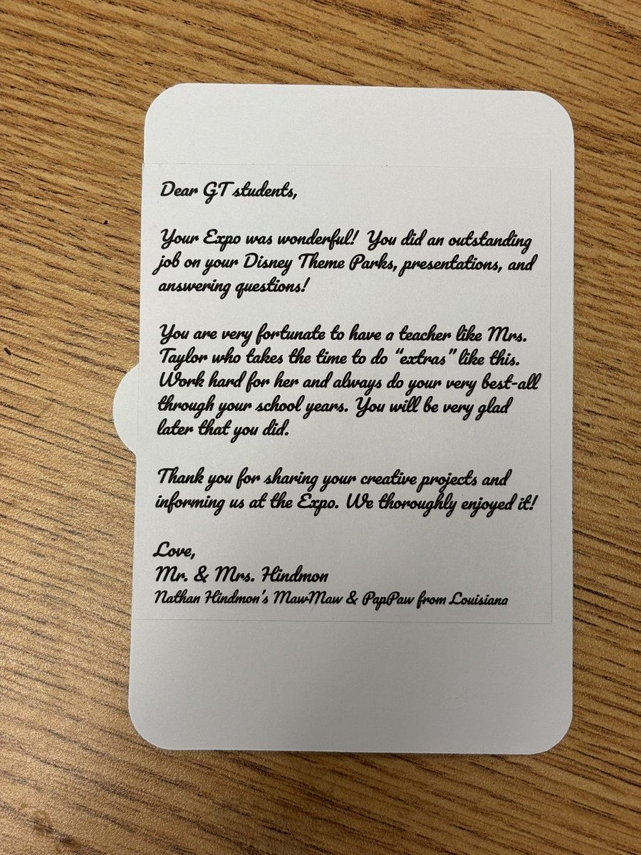 mrstaylor_fce's tweet image. I received the sweetest card in the mail from a grandparent that attended the GT Expo last week. I also love that she wrote a letter to all the GT students as well. ❤️ @HumbleISD_FCE #FCExtend