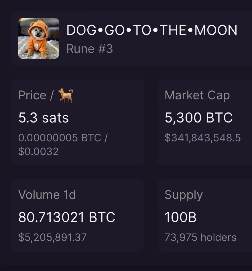 DegenerateNews's tweet photo. NEW: BITCOIN RUNE MEMECOIN $DOG (@LeonidasNFT) SURPASSES $340M MARKET CAP https://t.co/ikEKycsq7H