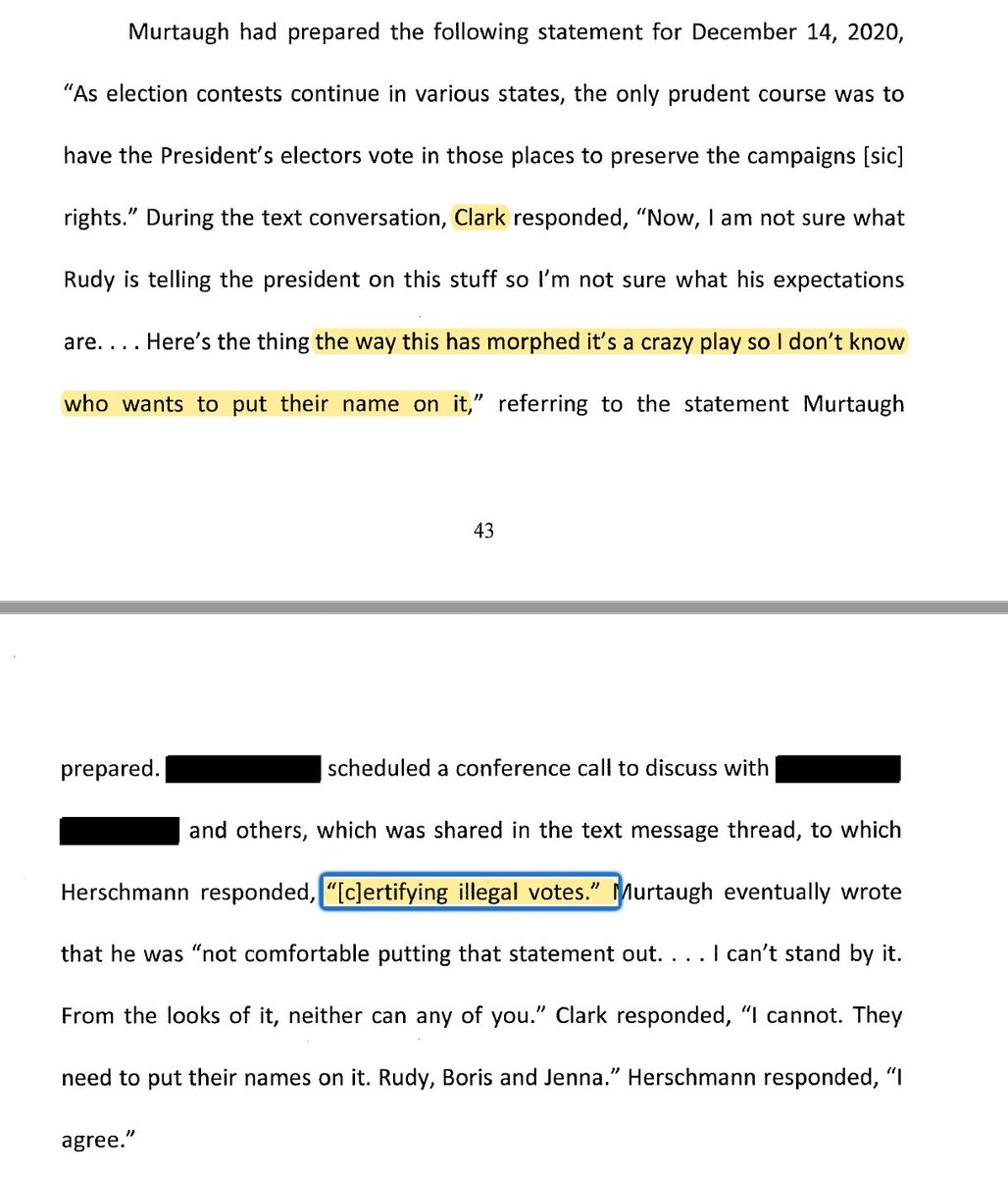 Gold in hands of Arizona (and federal) prosecutors: Trump campaign draft announcement to have false electors vote, White House lawyer Eric Herschmann texted: 'Certifying illegal votes.' Those on texts refuse to put their names on it. Leave it to Rudy, Boris, Jenna to do that.