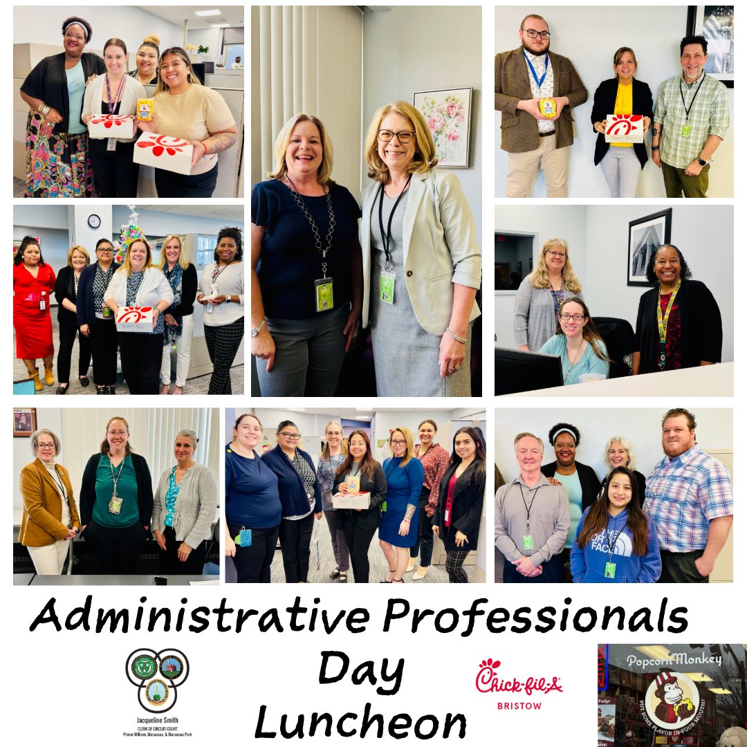 🎉 Today we celebrated our amazing Administrative Professionals with a delicious luncheon from Chick Fil A (Bristow) and sweet treats from Popcorn Monkey (Manassas). Thank you, clerks, for all that you do to keep our office running smoothly! #AdministrativeProfessionalsDay