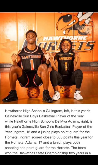 Congratulations to our two Junior Guards @IngramCj_ & @myaadams0 on being named Gainesville Sun Boys Player of the Year and Gainesville Sun Girls Player of the Year🚨‼️ #TheStandard