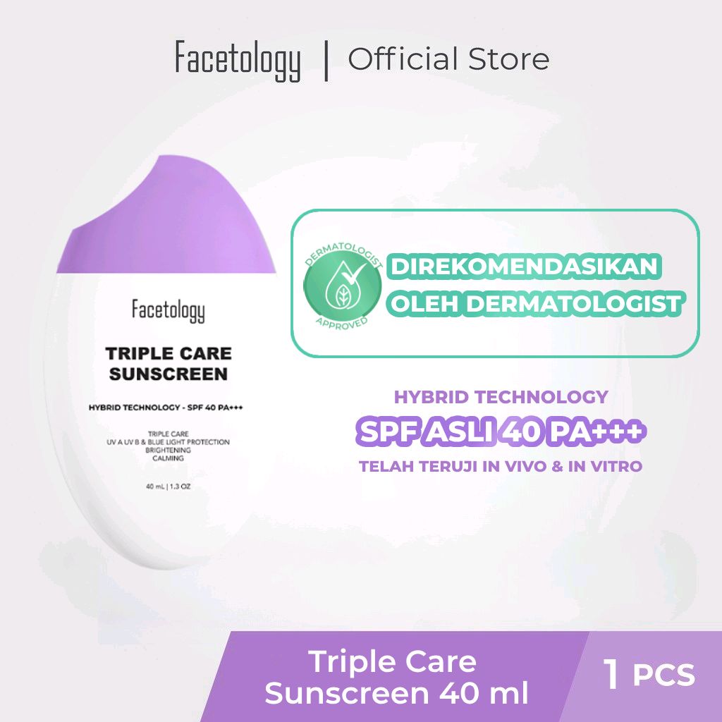 Cek Facetology [SPF ASLI DI UJI INVIVO INVITRO] Triple Care Sunscreen SPF 40 PA+++ 40ML dengan harga Rp77.900. Dapatkan di Shopee sekarang! shope.ee/4VGLNN2D0L?sha…