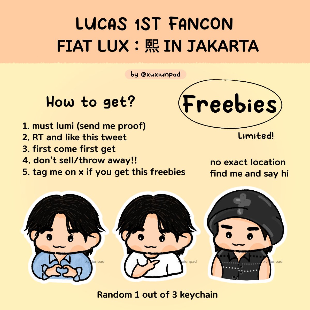 LUCAS FIRST FANCON TOUR <FIAT LUX : 熙> IN JAKARTA
— freebies by  @xuxiunpad 

Help RT and like this tweet

📅 11 May 2024
📍 Kasablanka 
⏰️ TBA

See you lumi 🦁💛
#FANCONLUCAS  #LUCAS_FIATLUX_JAKARTA