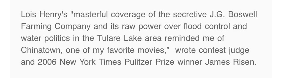 Lois and team won the George F. Gruner award for public service journalism, yesterday evening in Fresno. A comment from the judge. 

#localnewsmatters #independentjournalism #nonprofitnews #sjvwater #georgefgruneraward
