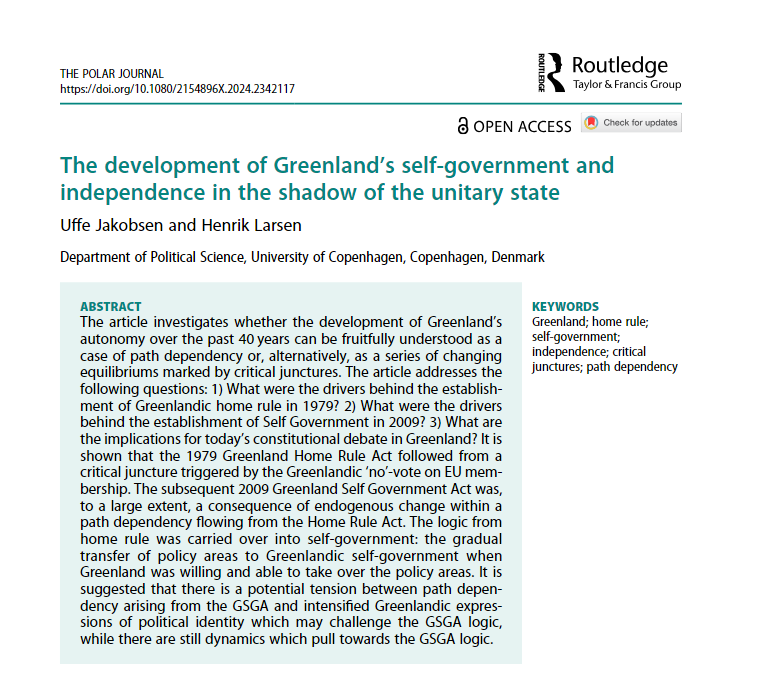 New article in @JournalPolar on the drivers of #Greenland home-rule & self-government by @UffeNuuk & @larsen_hb. Interesting to learn transfer of policy areas has slowed down. Since 2009, 🇬🇱 has only taken over 2 new areas: mining and offshore. tandfonline.com/doi/epdf/10.10…