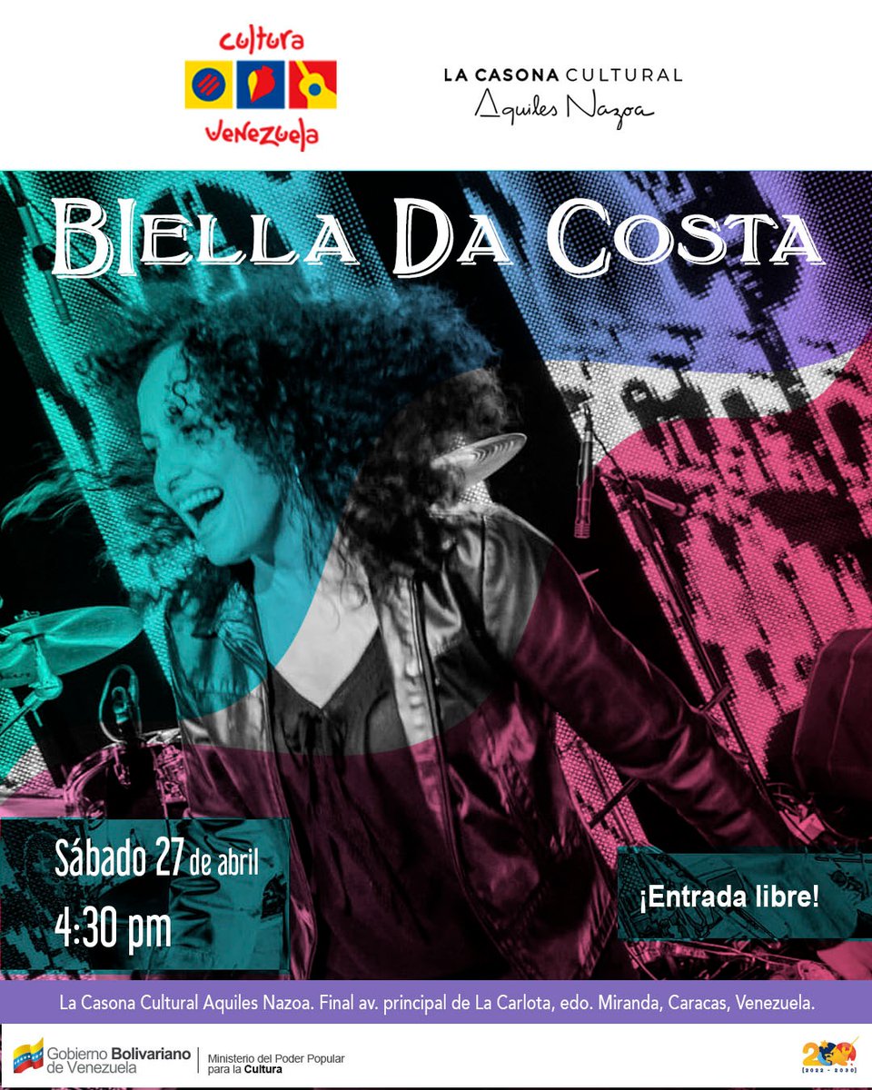 #Entérate | Disfruta este sábado #27Abril de la presentación de Biella Da Costa en la Casona Cultural Aquiles Nazoa, a partir de las 4:30 p.m.

Entrada libre.🎟️