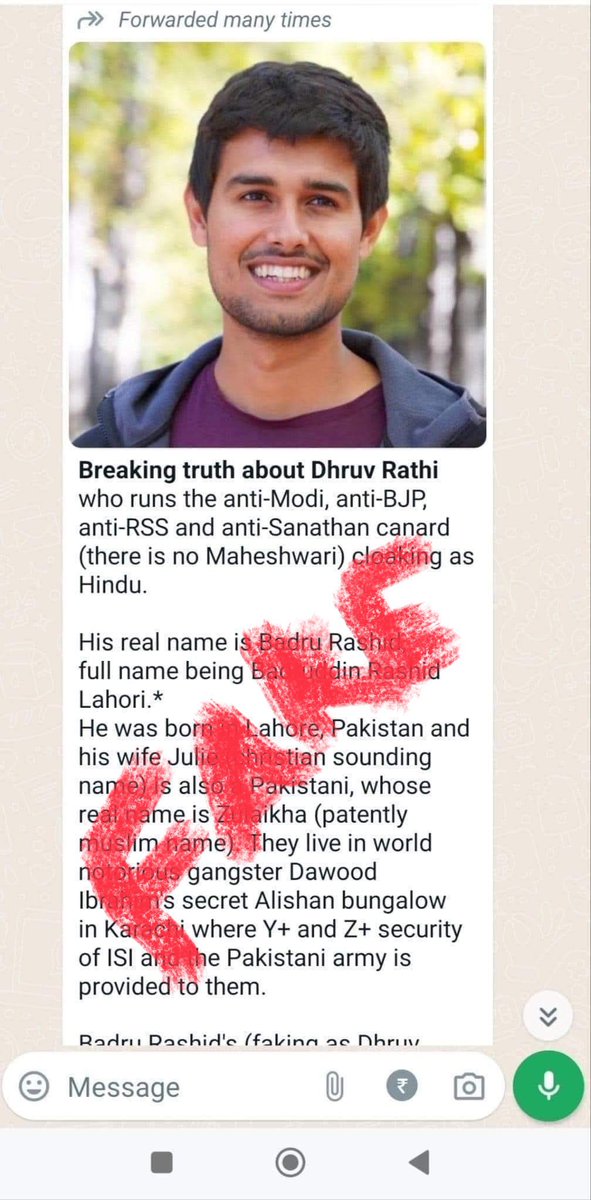 Propaganda Alert 🚨 This is the latest propaganda against Dhruv Rathee by WhatsApp University. Similar propaganda Rahul Gandhi has been facing for years. Saying this again — Every debunk of WhatsApp University is equal to one vote less for BJP. #DhruvRathee #mission100crore