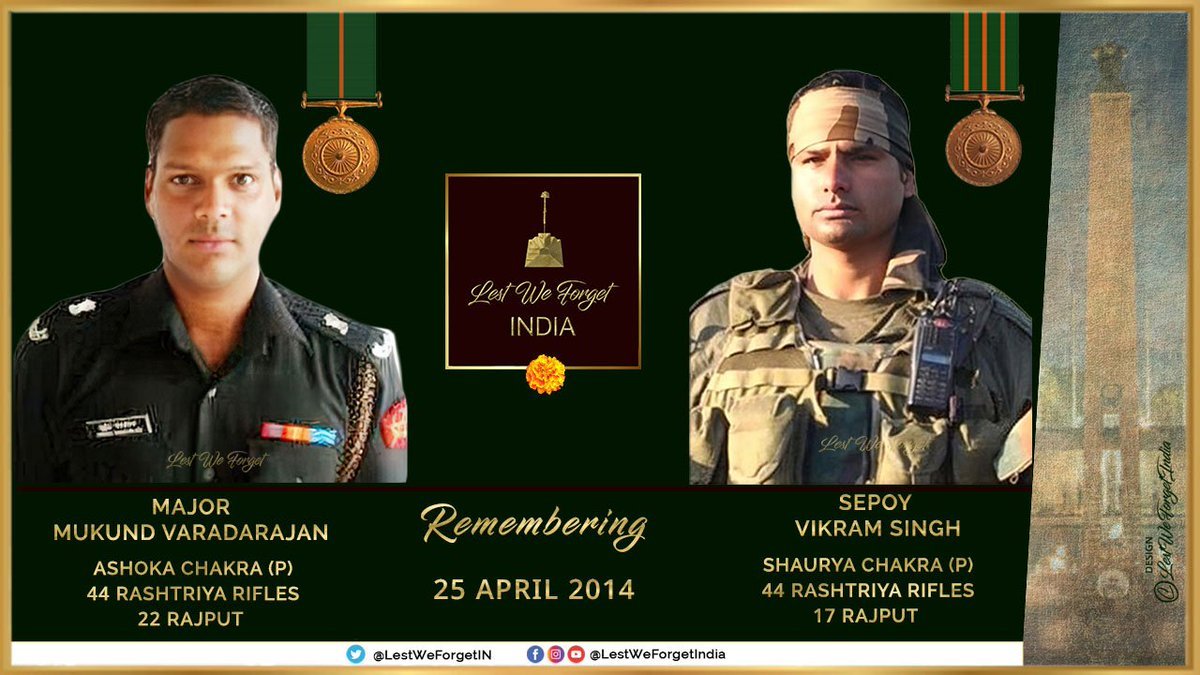 TEN years to date - #LestWeForgetIndia🇮🇳 Major Mukund Varadarajan #AshokaChakra (P), 22 RAJPUT & Sepoy Vikram Singh #ShauryaChakra (P) 17 RAJPUT- both of 44 #RashtriyaRifles. Remember the gallant #IndianBraves & their supreme sacrifice in a fierce encounter at Shopian, J&K