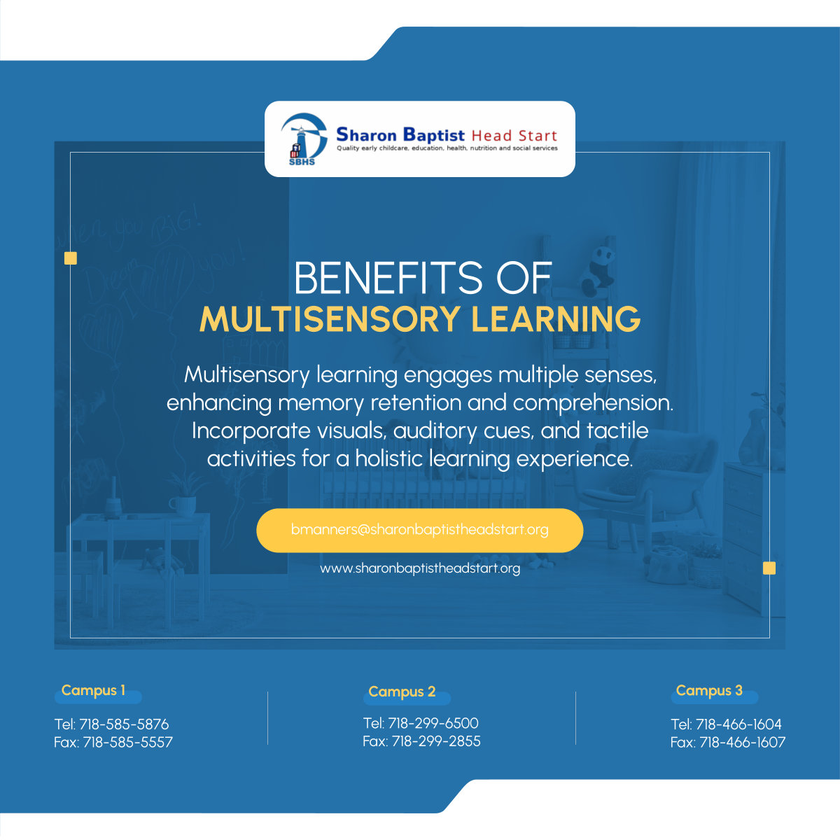 Explore the advantages of multisensory learning for improved memory and comprehension. Unlock your potential with engaging, multisensory educational approaches. 

#BronxNY #Childcare #MultisensoryLearning #MemoryRetention #HolisticEducation
