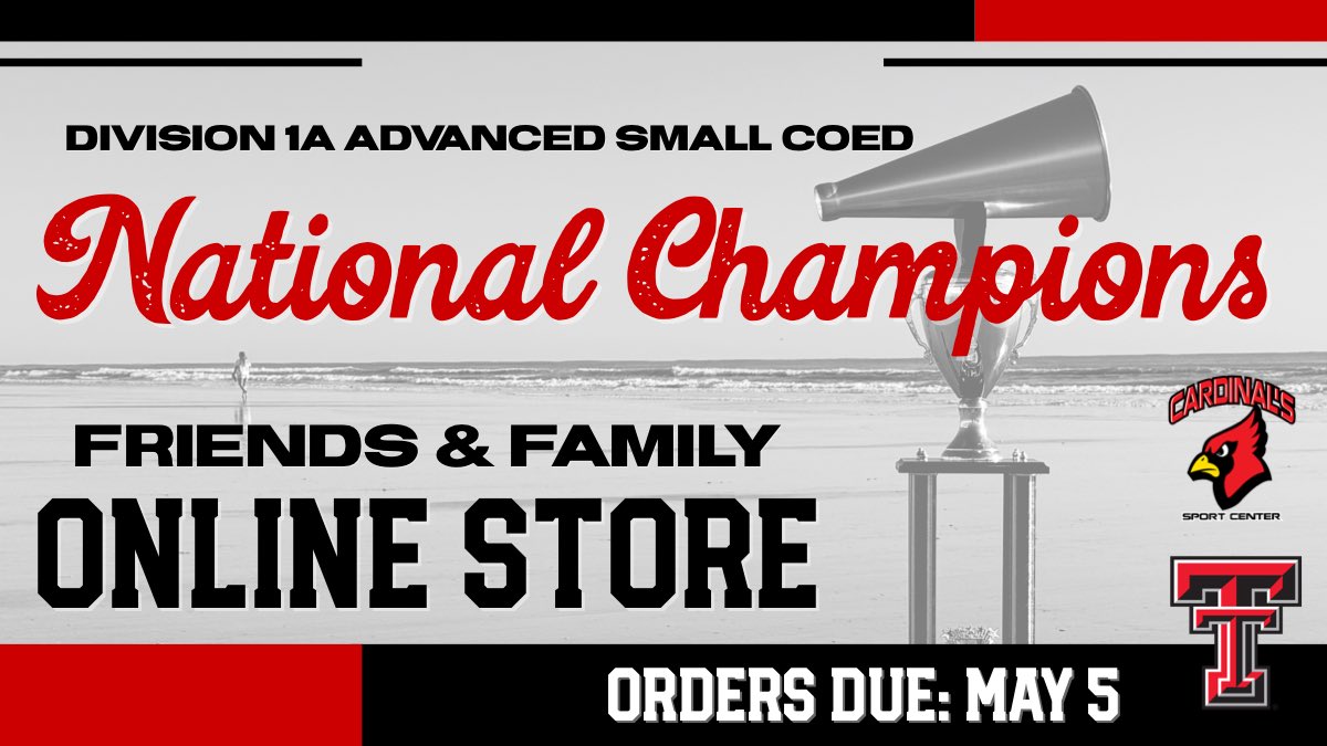 #SmallCoEd National Champions 
Friends & Family Online Store

…ucheernationalchampions.itemorder.com/shop/home/

Orders due: May 5
@Cardsportcenter  |  @ttucheer