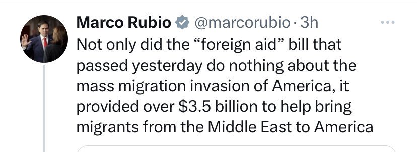 This is Senator Marco Rubio. He is not a Patriot. He is a lying, hypocritical traitor. He criticizes the #Ukraine military aid Bill that just passed through Congress in a bipartisan effort because it did not include border security. Rubio voted against border security in