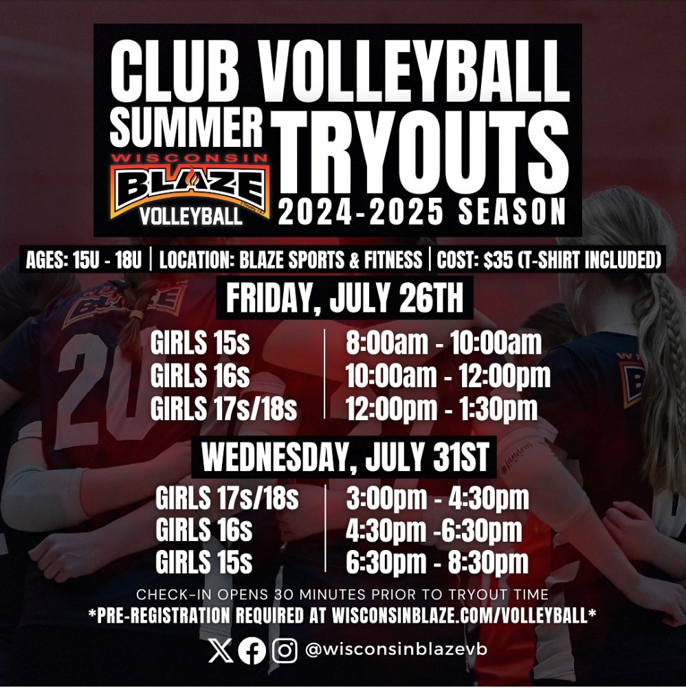 We are so excited to announce that WI Blaze will be hosting Summer Tryouts for the 2024-2025 Club Season! Join us for our 11th club season by pre-registering for our upcoming Girls 15s - 18s tryouts on Friday, July 26th or Wednesday July 31st! 🏐 #blazevolleyball #betheflame🔥