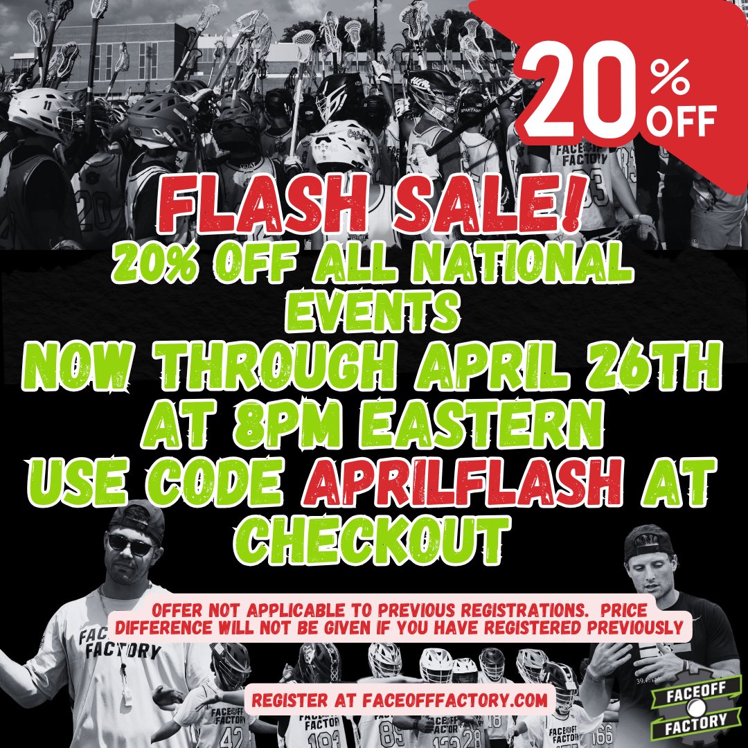 🚨🚨🚨 FLASH SALE 🚨🚨🚨 Faceoff Faceoff is offering 20% OFF all NATIONAL EVENT Registrations made between now and April 26th at 8PM EASTERN 👀👀 Use code APRILFLASH at checkout ‼️‼️ 20% not applicable on purchases made prior to todays sale. ⏰⏰
