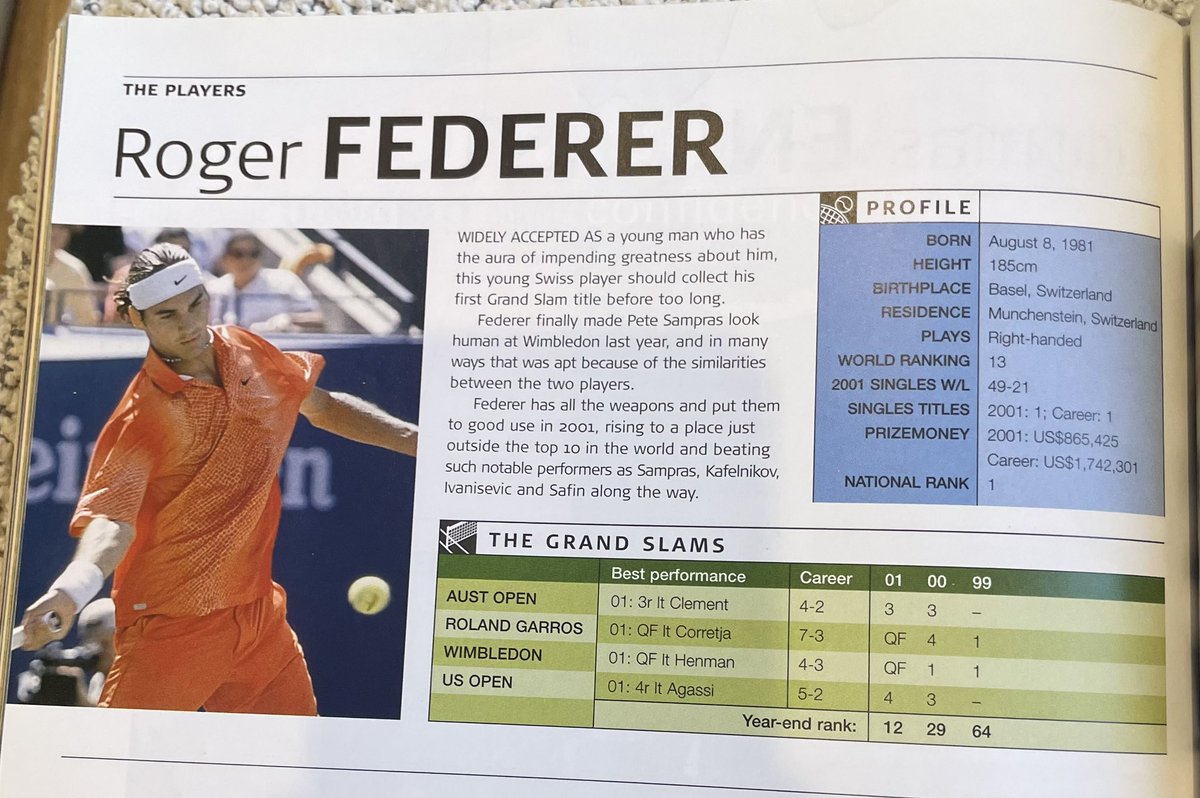 Just came across this write up of #Federer in the 2002 #Ausopen Official Program. This was 18 months before his first Grand Slam. What an accurate prediction!