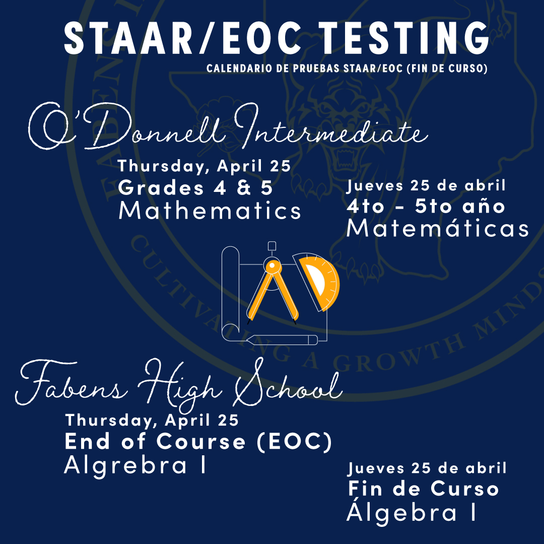 On Thursday, 4/25, ODI's 4th & 5th graders take on the math portion of the STAAR test. 

FHS students will take the End of Course (EOC) Algebra I test.  Good luck, Wildcats!  

#SmallTownTough