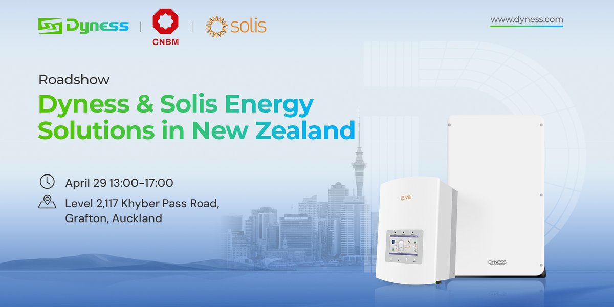 📍#DynessRoadshow in #NewZealand: 📷On April 29th, 13:00-17:00, Dyness and @Solis_Inverters, @CNBM will co-host a roadshow in #Auckland to bring you Energy storage solutions! 

🔗dyness.com 

#Dynessbattery #solarenergy #EnergyTransition #DynessPower #DynessAustralia