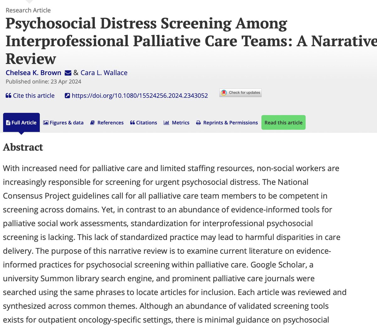 New publication alert: 'Psychosocial Distress Screening Among Interprofessional Palliative Care Teams: A Narrative Review,' by PhD student @ChelseakBrown highlights the urgent need for standardized psychosocial screening tools to prevent disparities in palliative care.
