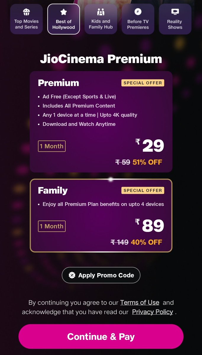 Jio Cinema introduces two new premium subscription plans. 📺 Premium 1 Month 💰 ₹29 (1 device at a time) 📺 Family 1 Month 💰 ₹89 (4 devices) Benefits - Ad free (except Live telecasts) - Access to all premium content - Streaming upto 4K quality - Download and watch 24x7…