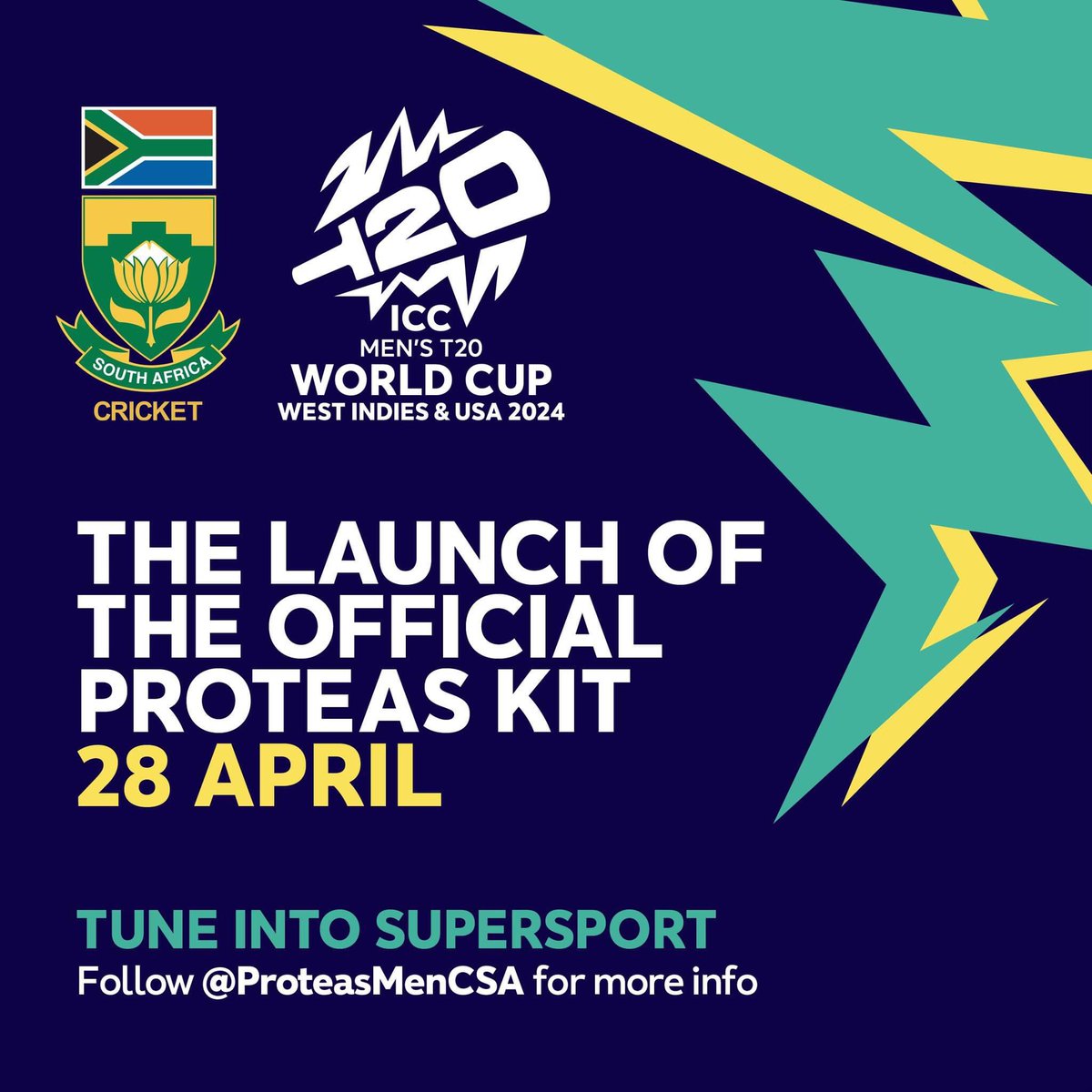 Get ready cricket fans! 🏏 👕

Catch the official unveiling of the Proteas ICC Men's T20 World Cup jersey LIVE during the electrifying final of the #CSAT20Challenge on April 28th! 

Be one of the first to see it by tuning into Supersport for the exclusive content 🇿🇦