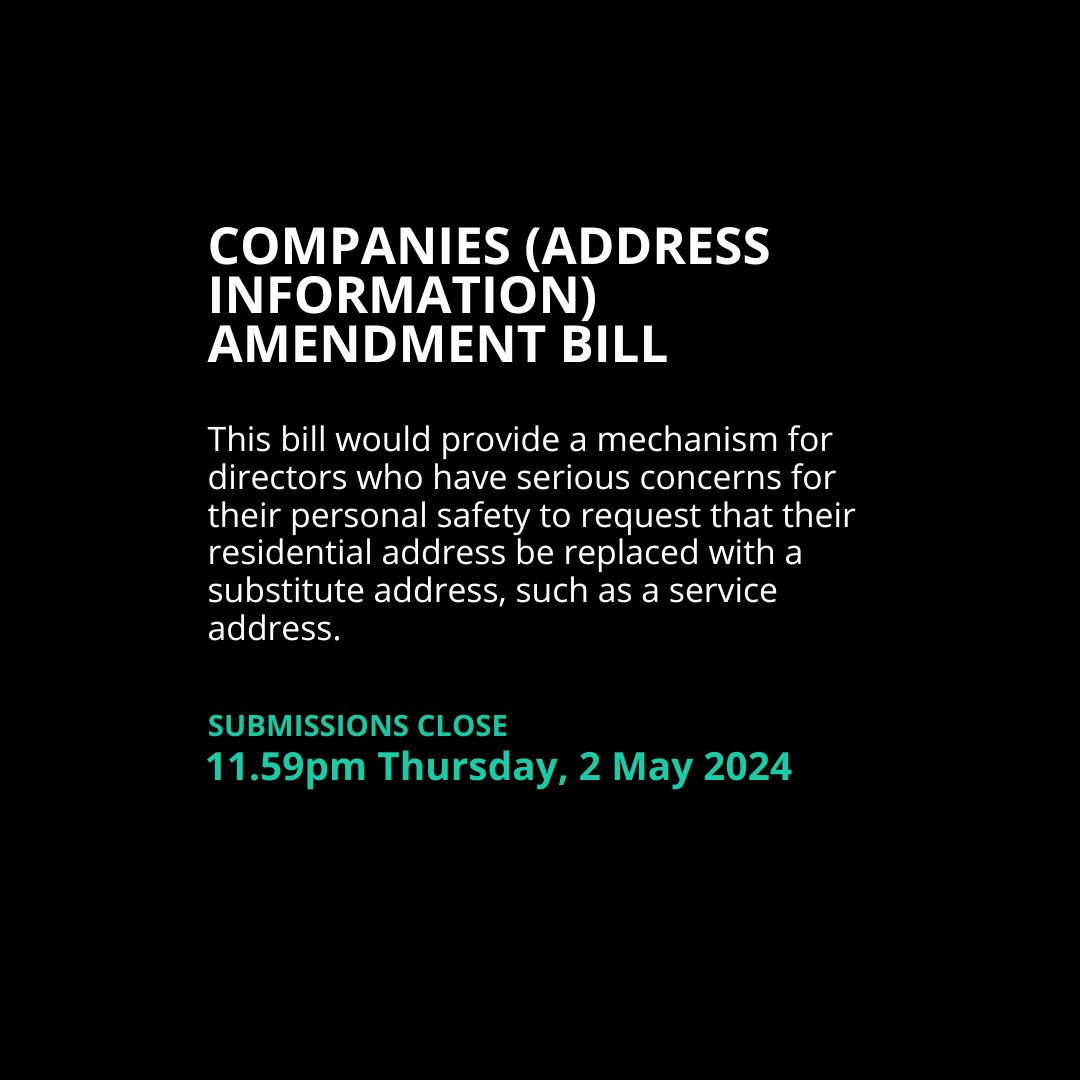 1 week left to make a submission on the Companies (Address Information) Amendment Bill. Find out more and make a submission on our website: bit.ly/3vsZi7i Submissions close on Thursday 2 May.