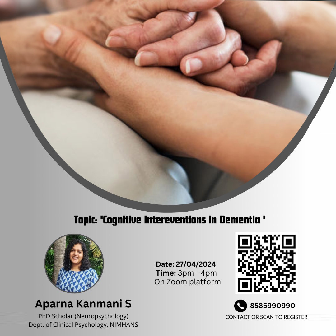 Save the date for our free support group meeting. Our speaker, Dr. Aparna Kanmani S, PhD Scholar (Neuropsychology), will discuss cognitive interventions in dementia.

𝗗𝗔𝗧𝗘: April 27th, 2024 (Saturday)
𝗧𝗜𝗠𝗘: 3-4pm on Zoom

𝗥𝗘𝗚𝗜𝗦𝗧𝗘𝗥 𝗡𝗢𝗪: forms.gle/JBd1oBcjmft353…