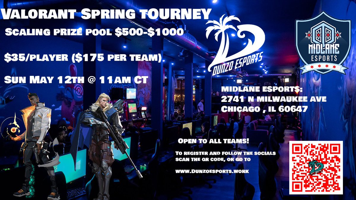 Ok Valorant people ! Time for the spring semester tourney. Entre is only 35$/ person with a minimum prize pool of 500$ Shout out to <a href="/MidlaneEsports/">Midlane Esports</a> For hosting the Sunday May 12th event. To sign up go to dunzoesports.work or scan the qr code. 

Cya there!