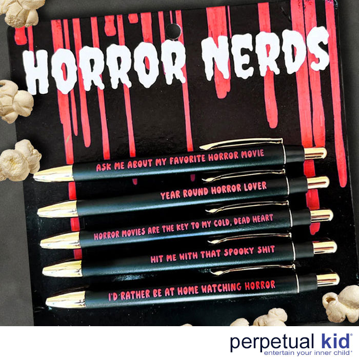 Perpetual_Kid's tweet image. For those who bleed suspense! 🩸 Rather be curled up with a jump scare than out in the sun, we present: The Horror Nerd Pen Set! #horrormovies #AHS #slasherfilms #jumpscare perpetualkid.com//products/horr…