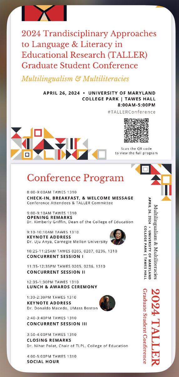 ⁦@UmdTLPL⁩ ⁦@UMDCollegeofEd⁩ ⁦@UMDResearch⁩ ⁦@UMDRightNow⁩ looking forward to seeing you all at our inaugural doctoral student run conference with amazing keynote speakers Dr. Uju Anya and Dr. Donaldo Macedo.
