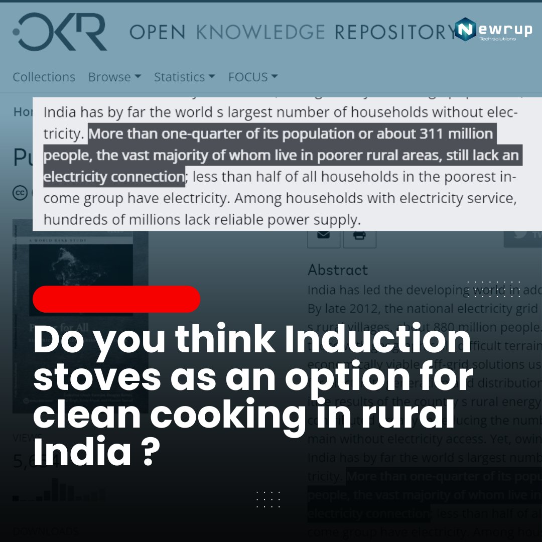 NewrupTech's tweet photo. Redefining Clean Cooking in Rural India
Electric induction stoves face barriers in rural India where over 311 million lack electricity. To truly address indoor air pollution, we need holistic approaches bridging energy gaps and ensuring equitable access. https://t.co/M8QiTEctHy