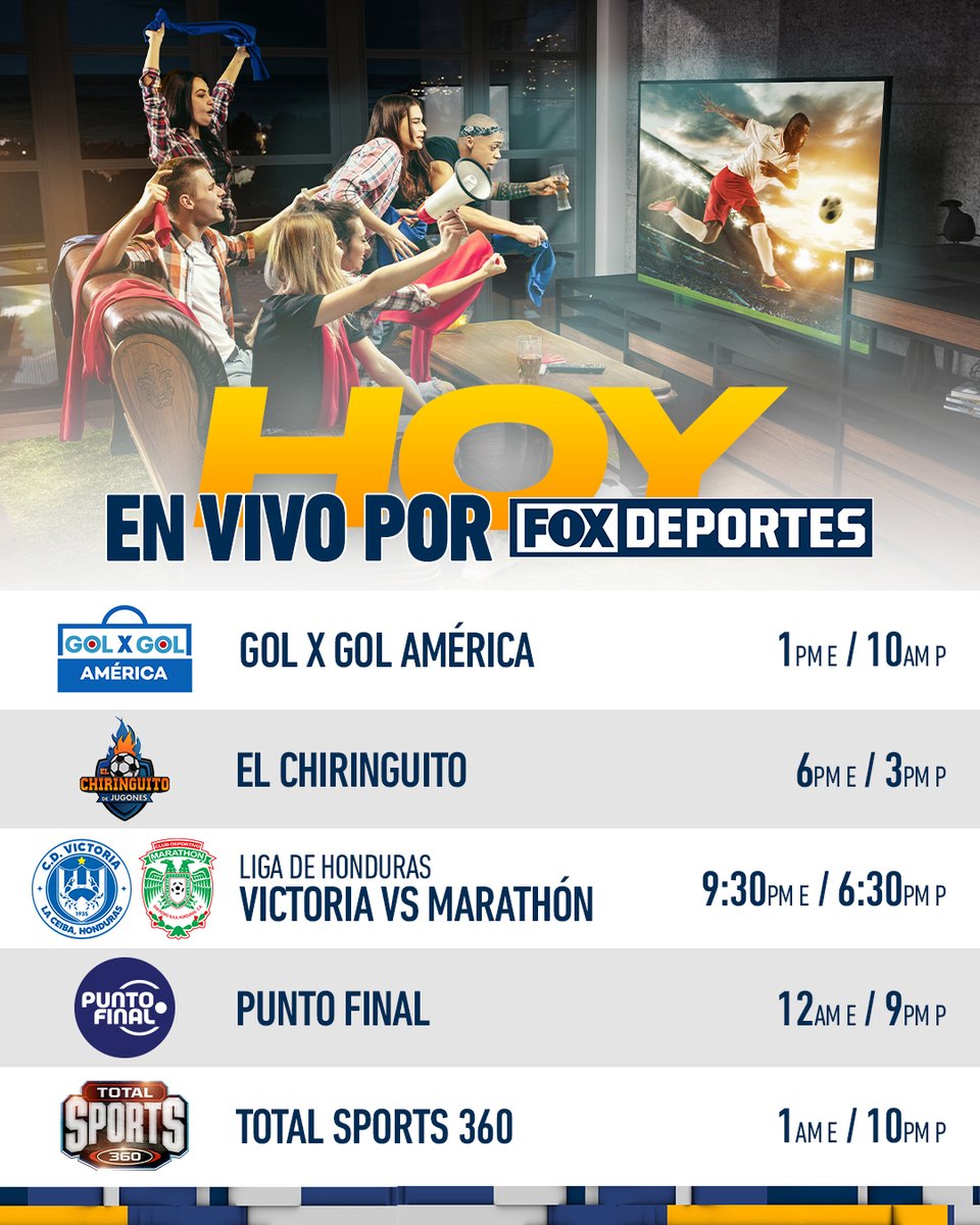 ¡Vive un emocionante jueves en FOX Deportes! 🙌

#GolXGol 🌎
#ElChiringuitoEnFOX 🔥
#HondurasEnFOX 💪
#PuntoFinal ⚽
#TotalSports 💥

También puedes vernos en la FOX Sports App. 📱