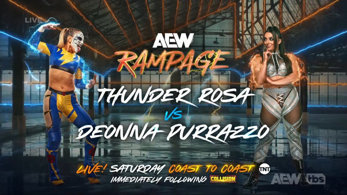 Lineup for Collision and Rampage on Saturday starting 8:30pm:

• Bullet Club Gold vs Top Flight/Action Andretti (Unified Trios title)
• Toni Storm vs Anna Jay
• Trent Beretta vs Chuck Taylor (Parking Lot Fight)
• Thunder Rosa vs Deonna Purrazzo