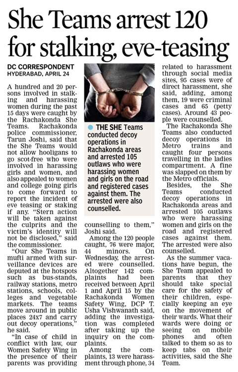 A hundred and 20 persons involved in #stalking and harassing women during the past 15 days were caught by the @sheteams_rck. #CP_Rachakonda, Sri Dr. #Tarun_Joshi_IPS said that the #SheTeams would not allow hooligans to go scot-free who were involved in harassing girls and women,