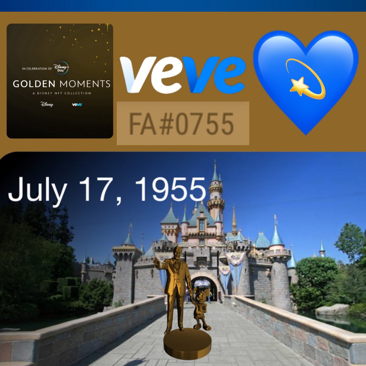 bnrealwithu's tweet photo. A favourite on 🔐 in my @veve_official Collection 💙

The @Disney 💫 #GoldenMoments #PartnersStatue #0755

Walt Disney Opened Disneyland on 
July 17, 1955. #1955 held/cherished by @Namecoast &amp; @tinasells4u 

My Month/Year Edition a tribute of this Special Moment &amp; is a Treasure. https://t.co/1EXz4yjJcl