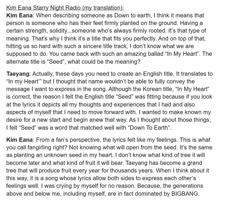 #Taeyang and Kim Eana talking about the meaning behind 'Seed' and 'Down to Earth' (rough translation from Kim Eana Starry Night Radio)
