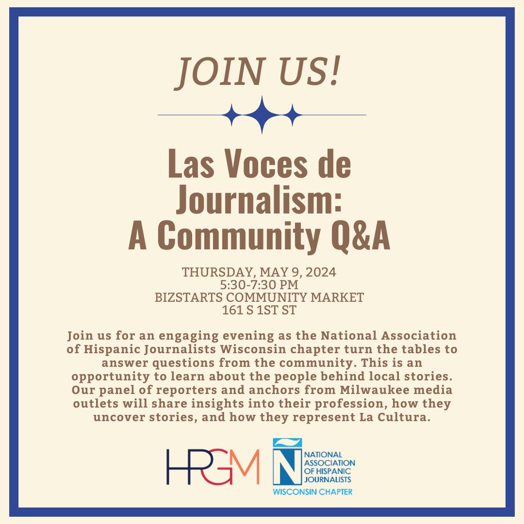 RicoReporting's tweet photo. Vamos! Mark your calendars! @NAHJWisconsin and @HPGMilwaukee are hosting an event on May 9

If you have questions for our media panel, this is your chance! 

@StephRodNews 
@Dario_Melendez 
@MontseRicossa https://t.co/4sNRL0EdUl