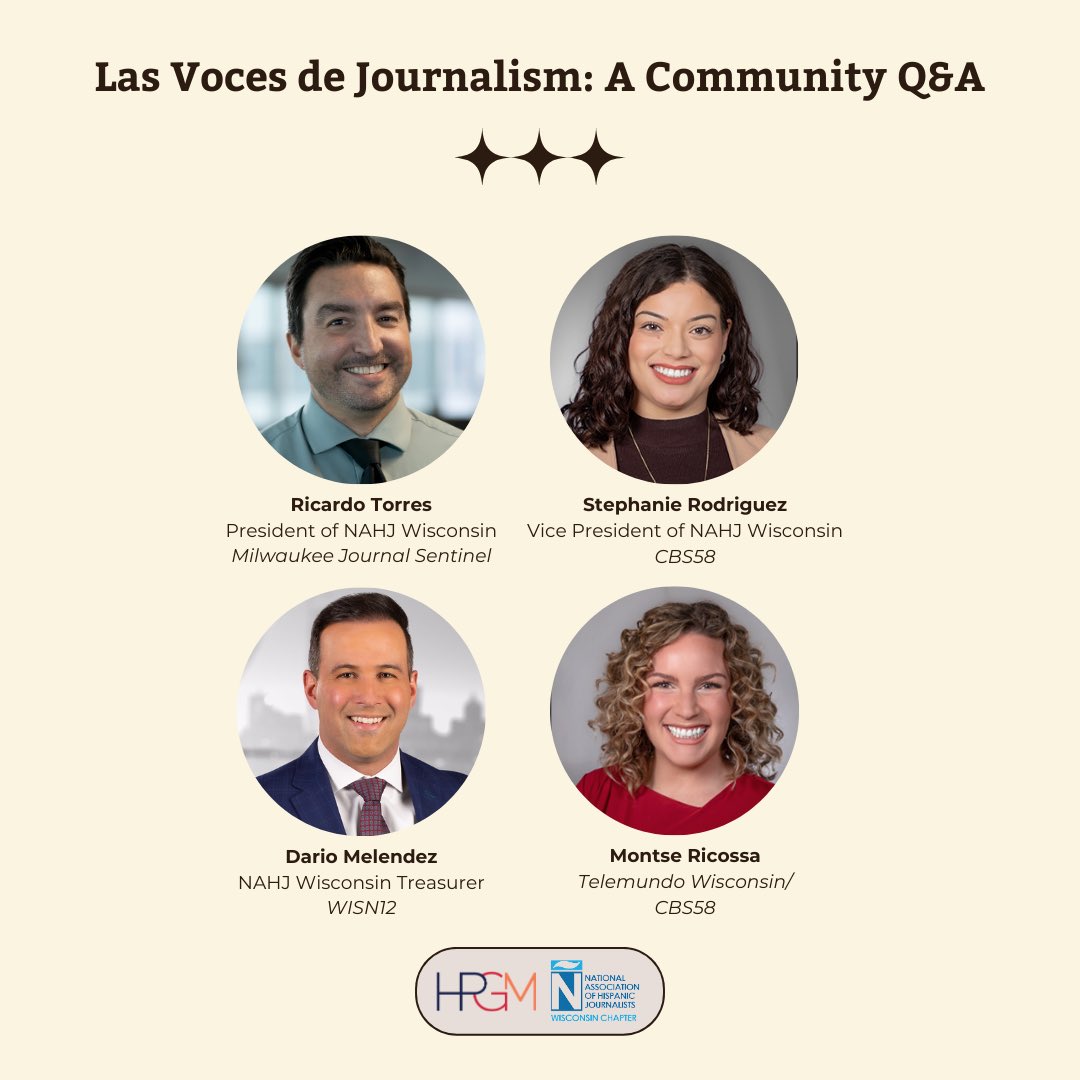 Vamos! Mark your calendars! <a href="/NAHJWisconsin/">NAHJ Wisconsin</a> and <a href="/HPGMilwaukee/">HPGM</a> are hosting an event on May 9

If you have questions for our media panel, this is your chance! 

<a href="/StephRodNews/">Stephanie Rodriguez</a> 
<a href="/Dario_Melendez/">Dario Melendez</a> 
<a href="/MontseRicossa/">Montse Ricossa</a>