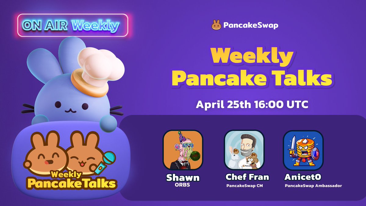🥞 PancakeTalks around the corner! 🌟 Are you trading like a pro with the new TWAP and Limit orders integration? 🎙️ This new chapter features a special guest from the @orbs_network - @shawn_odonaghue ! 📅 Join today at 16:00 UTC to learn more how they work and share valuable…