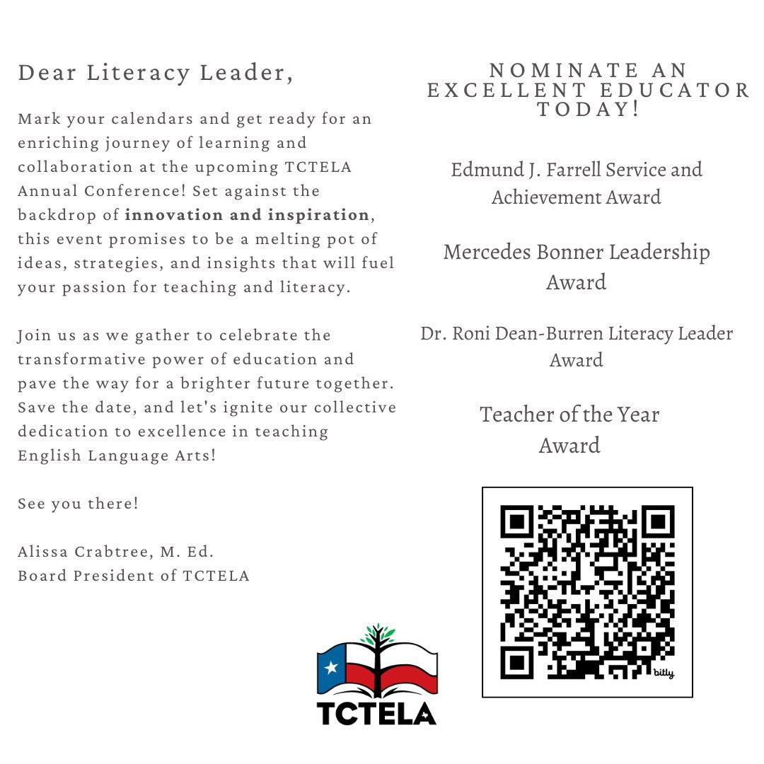 @TCTELA President @alissa_crabtree and our board are looking to honor the 2025 Class of TCTELA Award Recipients. Scan the QR below or visit TCTELA.org to nominate a deserving educator today.