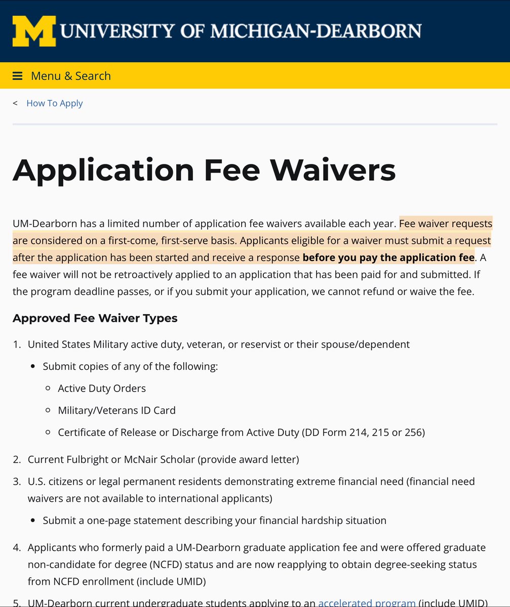 International students are eligible for Application fee waivers at University of Michigan-Dearborn

Click on the link here to read more

Want to work with me? I will guide you to apply for 3 scholarships. DM for terms

umdearborn.edu/admissions/gra….