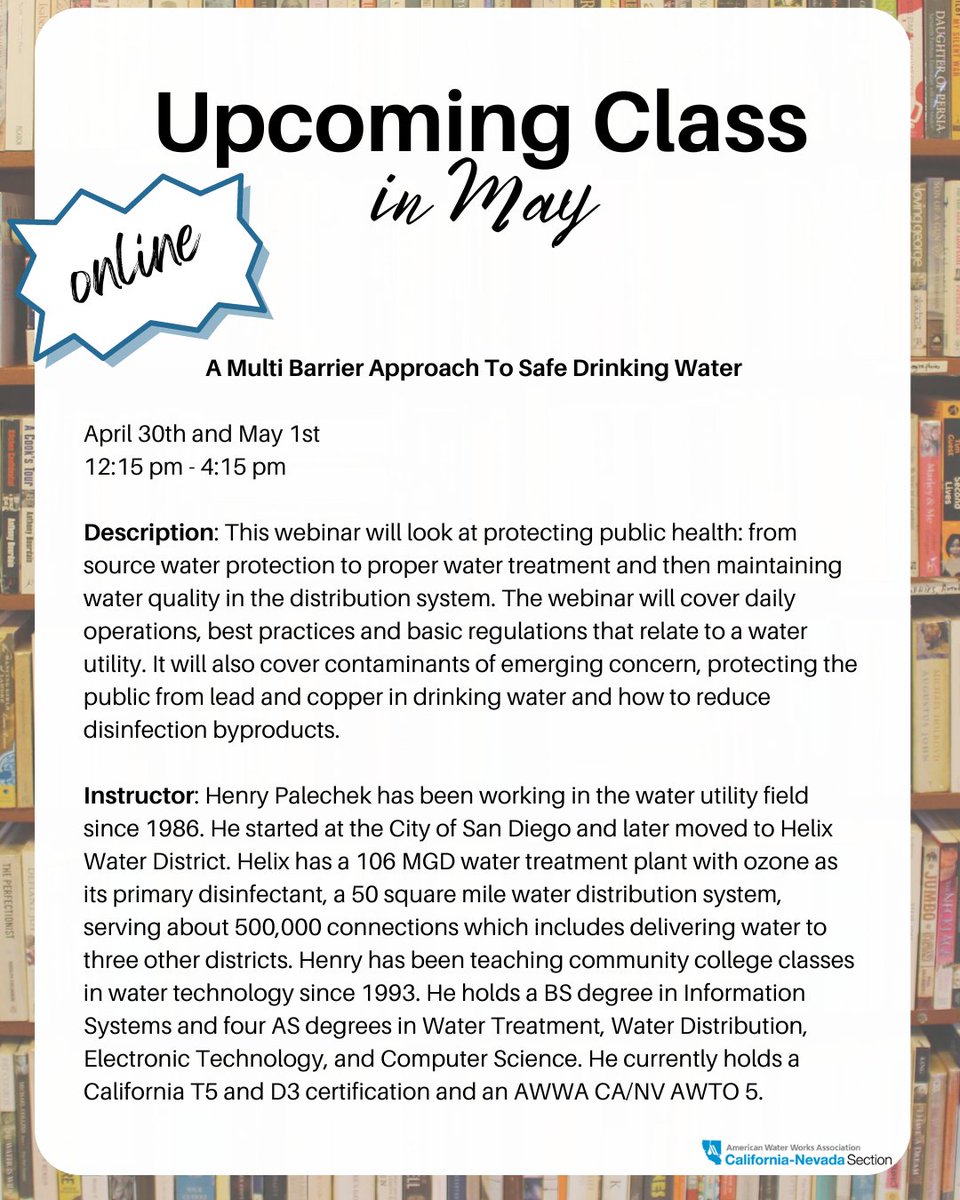 Only 4 more days to register for A Multi Barrier Approach To Safe Drinking Water starting on April 30th Register you and colleague here: ca-nv-awwa.org/canv/CNS/Event…
