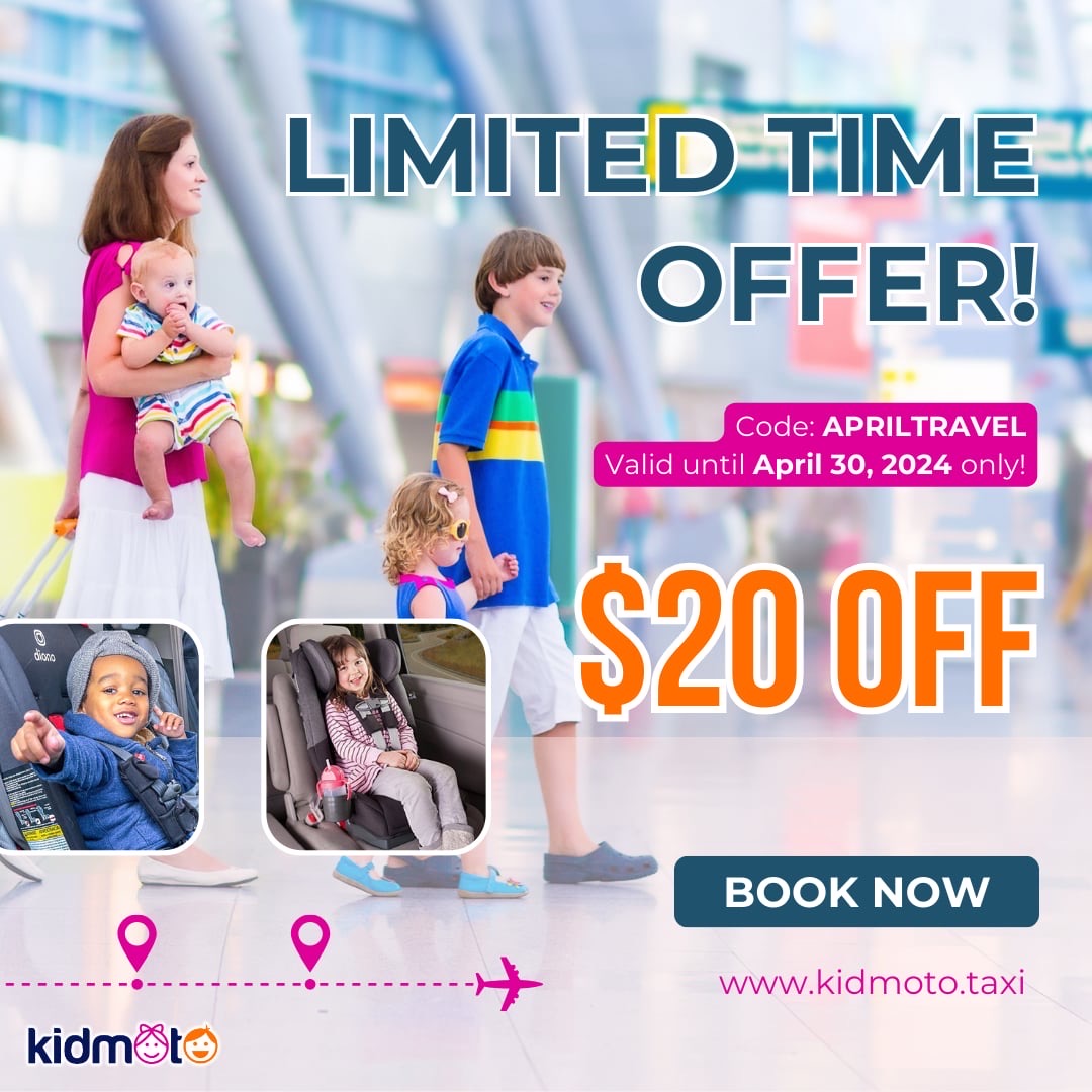 Kidmoto is offering a $20 discount on rides until April 30th!  Use code APRILTRAVEL to book your safe, stress-free family travel.  Limited availability! #Kidmoto #familytravel #discount