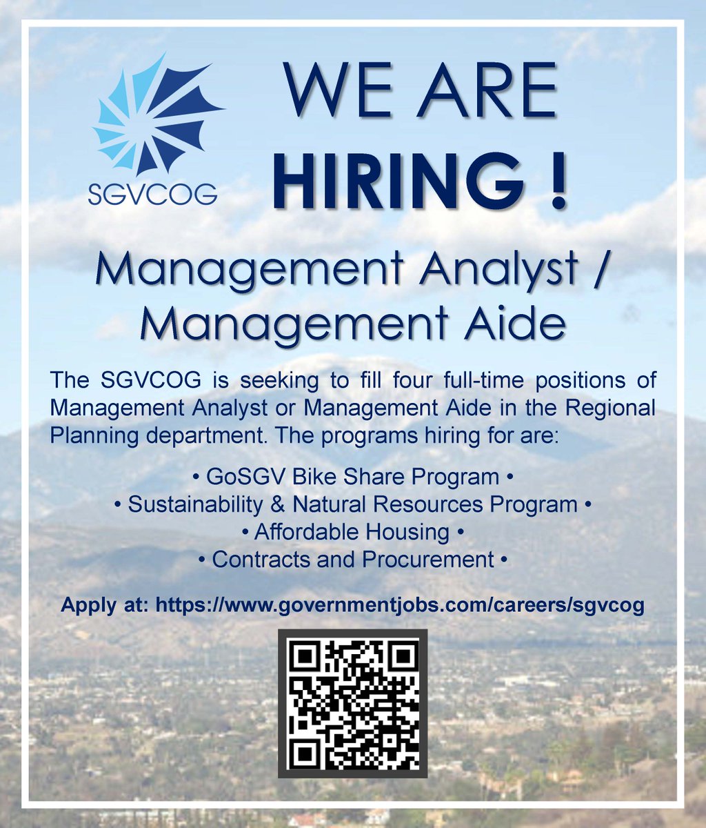 We are #hiring! The SGVCOG is filling four FTEs of Management Analysts or Management Aides in our Regional Planning department. Apply now at: lnkd.in/ecRMee5 #nowhiring #joinourteam #applytoday #SGVCOG